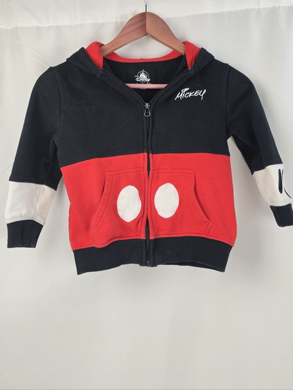 Disney Mickey Mouse Kids Full Zip Hoodie Ears Colorblock Black Red Small 8A